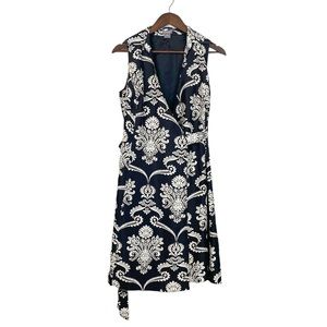 Ann Taylor Black & White Damask Silk Wrap Knee Length Dress Size 6